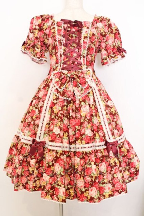 画像1: metamorphose / はしごレースリボン花柄半袖ワンピース 1 ボルドー系 O-26-01-15-003-ME-OP-OW-OS (1)