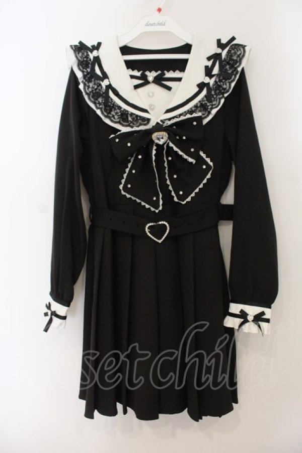 画像1: DearMyLove / ハートビジューリボンレース学園ワンピース M クロ O-26-01-19-064-EL-OP-OW-OS (1)