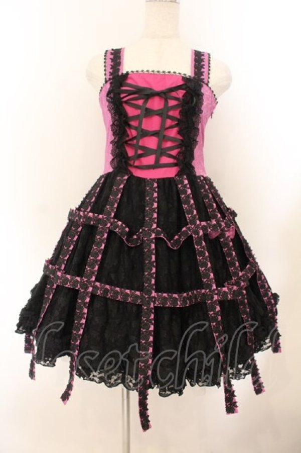 画像1: h.NAOTO / Rose Bird Cage Dress ジャンパースカート  ピンク×ブラック O-26-01-22-072-HN-OP-IG-OS (1)