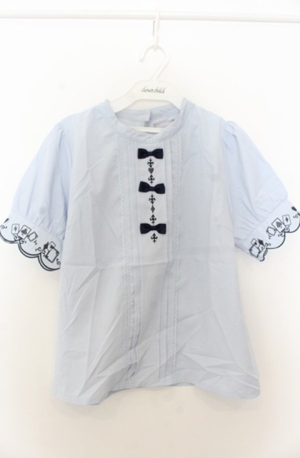 画像1: axes femme POETIQUE / トランプ刺繍プチリボンブラウス M サックス O-26-01-23-043-AX-BL-OW-OS (1)