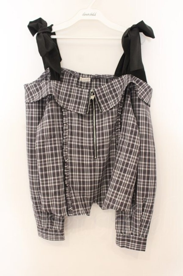 画像1: axes femme / チェックオフショルリボンプルオーバー F クロ O-26-01-24-085-AX-TO-OW-ZT003 (1)