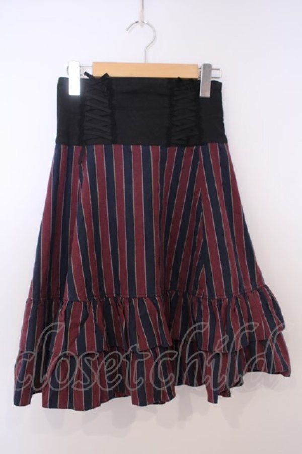 画像1: Innocent World / ストライプ編み上げスカート  ネイビー×ワイン×クロ O-26-01-28-049-IW-SK-IG-OS (1)