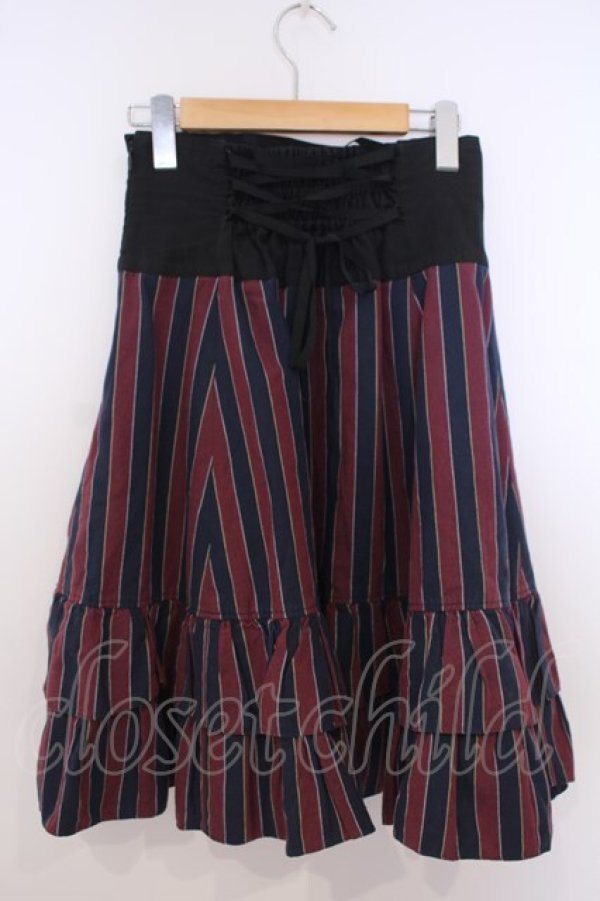 画像2: Innocent World / ストライプ編み上げスカート  ネイビー×ワイン×クロ O-26-01-28-049-IW-SK-IG-OS (2)