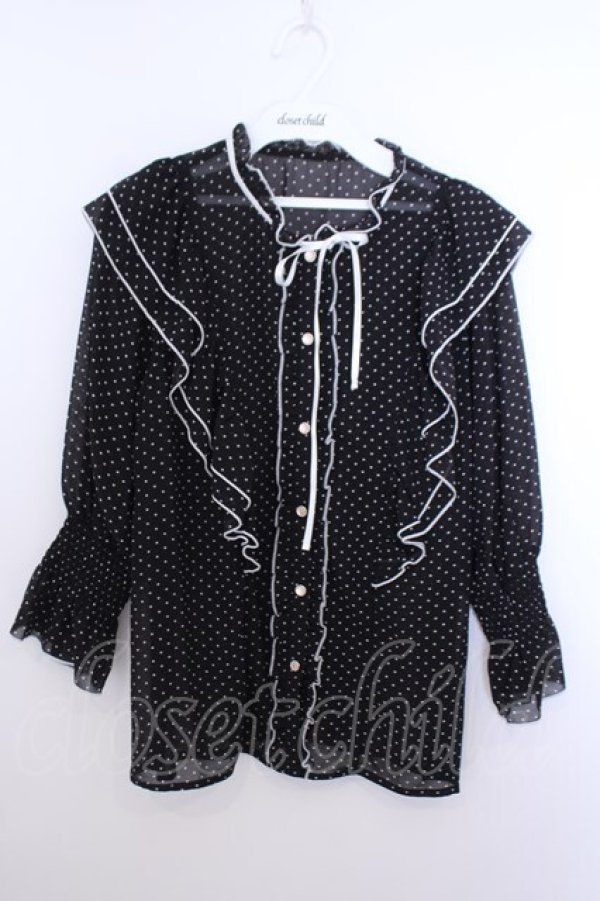 画像1: axes femme POETIQUE / ドット配色リボンフリルブラウス M クロ O-26-01-29-1021-AX-BL-OW-OS (1)