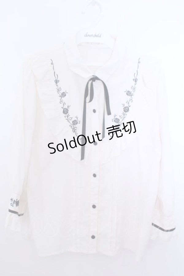 画像1: axes femme / バラ刺繍ヨーク切替七分袖ブラウス M キナリ O-26-01-29-1026-AX-BL-OW-OS (1)