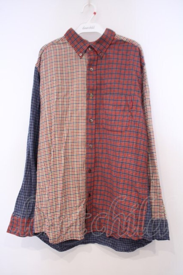 画像1: Karl Helmut / レトロミニチェックフランネルパッチワークシャツブラウス L アカ×ネイビー×ベージュ O-26-01-31-077-EL-BL-IG-OS (1)