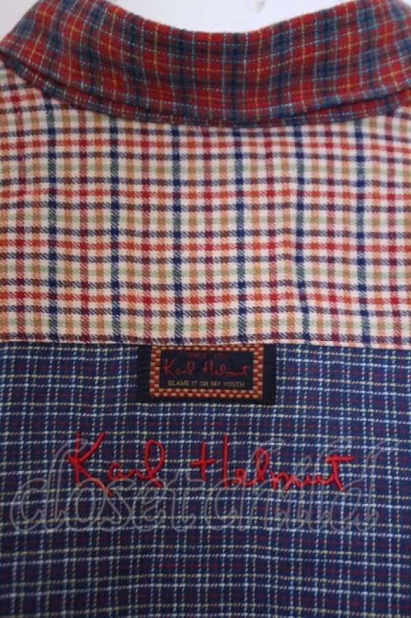 画像3: Karl Helmut / レトロミニチェックフランネルパッチワークシャツブラウス L アカ×ネイビー×ベージュ O-26-01-31-077-EL-BL-IG-OS (3)