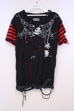 画像: HANGRY&ANGRY / ツギハギダメージTシャツ  ブラック×レッド O-26-01-31-002-HN-TO-OW-OS