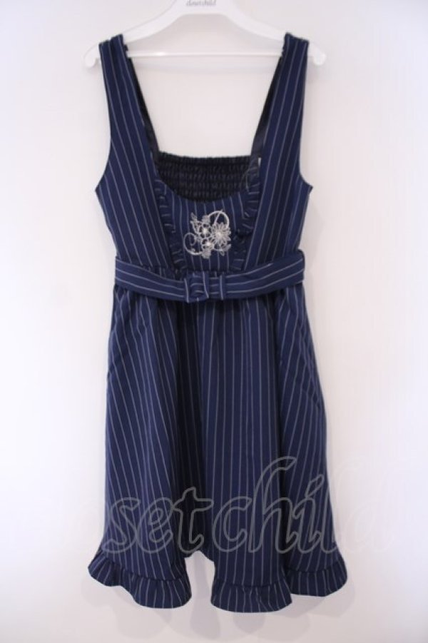 画像1: axes femme POETIQUE / 刺繍入りストライプジャンドレ M ネイビー O-26-02-03-045-AX-OP-OW-OS (1)