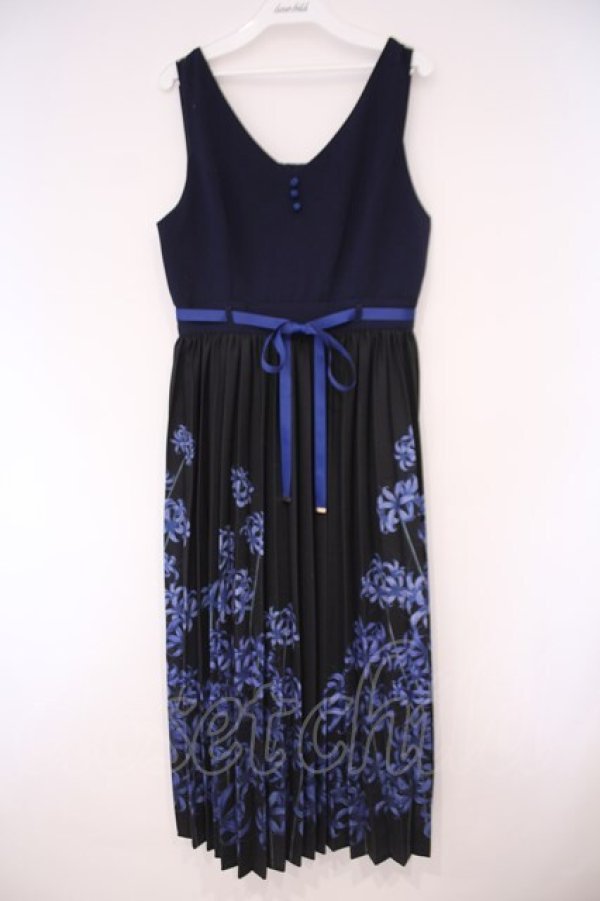 画像1: axes femme / 彼岸花柄プリーツジャンスカ F クロ×アオ O-26-02-03-018-AX-OP-OW-OS (1)