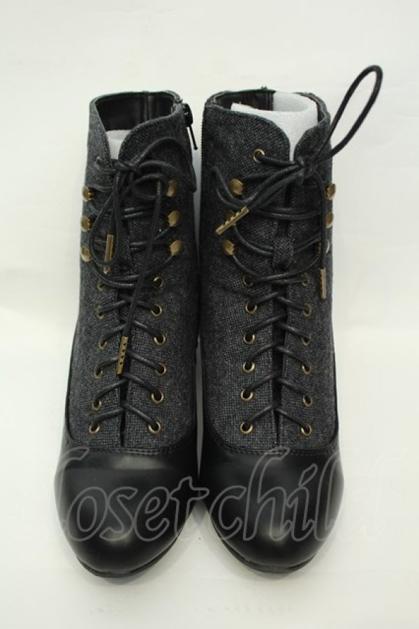 画像2: an another angelus / 細レースアップツイードコンビブーツ M クロ O-26-02-05-051-CA-SH-IG-OS (2)