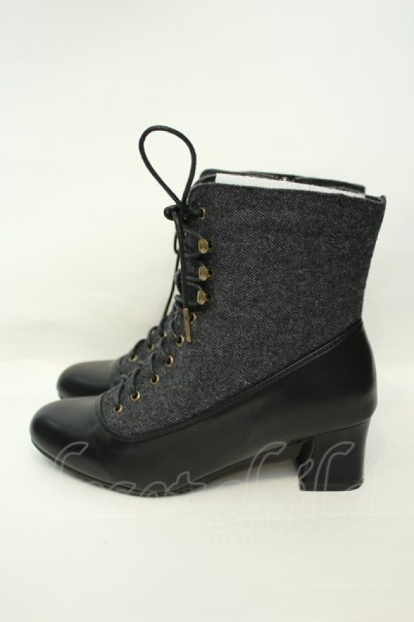 画像3: an another angelus / 細レースアップツイードコンビブーツ M クロ O-26-02-05-051-CA-SH-IG-OS (3)