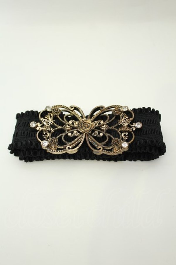 画像1: axes femme / 立体バラ×蝶ゴムベルト  ゴールド×クロ O-26-02-05-036-AX-ZA-IG-OS (1)
