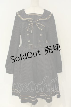 画像: metamorphose / 【プラスサイズ】長袖セーラーリボンワンピース（ストライプ）  クロ O-26-02-06-044-ME-OP-YM-OS