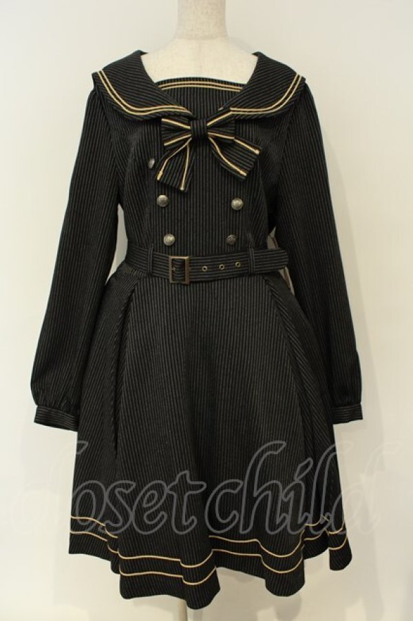 画像1: metamorphose / 【プラスサイズ】長袖セーラーリボンワンピース（ストライプ）  クロ O-26-02-06-044-ME-OP-YM-OS (1)