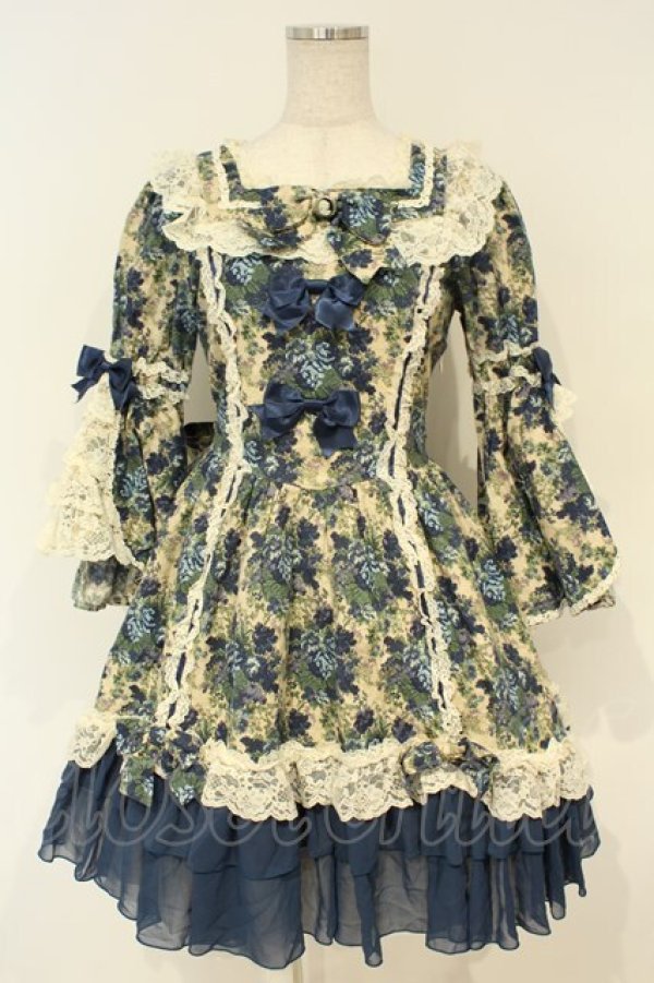 画像1: metamorphose / ゴブランブーケバッスルワンピース  ブルー系 O-26-02-06-054-ME-OP-OW-OS (1)