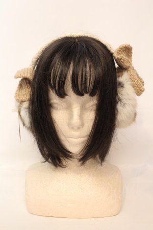 画像: LOLITAその他 / ラビットファー耳当て  ベージュリボン O-26-02-06-1138-LO-ZA-OW-OS