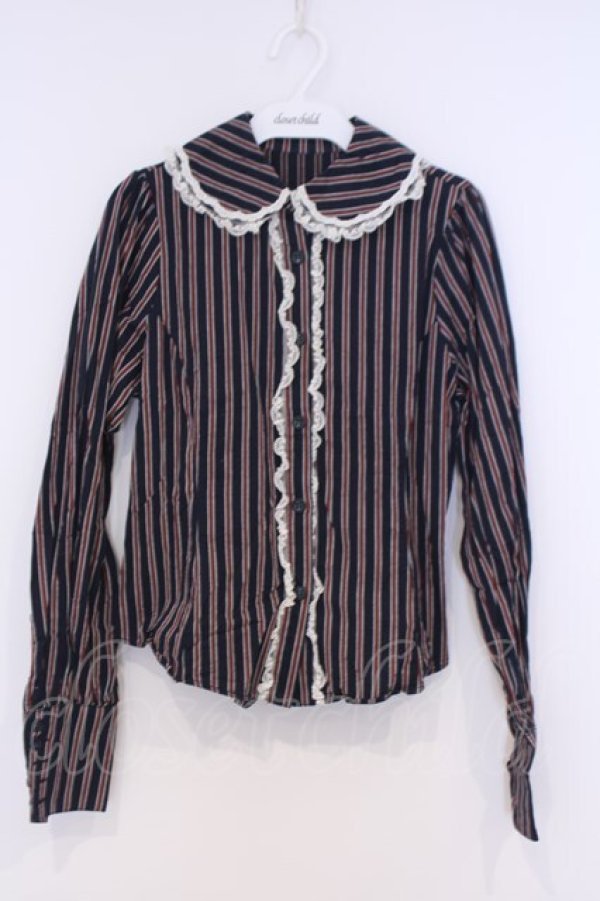 画像1: metamorphose / ロゴリボン付丸襟ブラウス  紺エンジレジメン O-26-02-07-004-ME-TO-OW-OS (1)