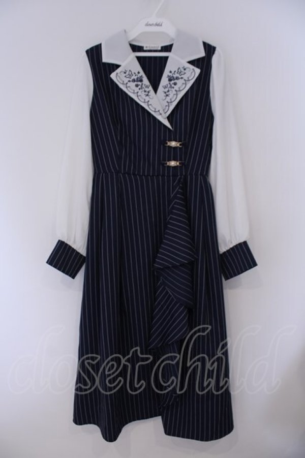 画像1: axes femme / 襟刺繍ストライプワンピース M ネイビー O-26-02-09-022-AX-OP-OW-OS (1)