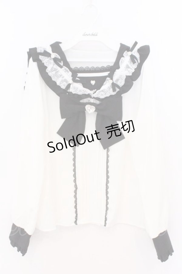 画像1: DearMyLove / ハートリボンたっぷりフリルセーラーブラウス M シロ×クロ O-26-02-10-060-EL-BL-OW-OS (1)