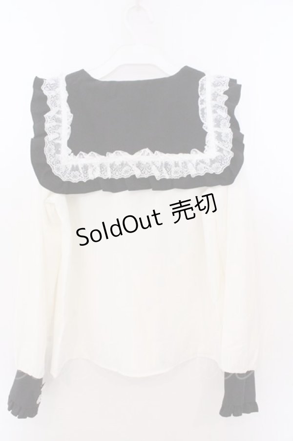 画像3: DearMyLove / ハートリボンたっぷりフリルセーラーブラウス M シロ×クロ O-26-02-10-060-EL-BL-OW-OS (3)