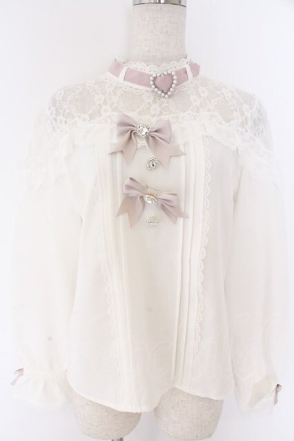 画像1: DearMyLove / ハートビジューリボンオフショル風レースブラウス M シロ×ピンク O-26-02-10-061-EL-BL-OW-OS (1)