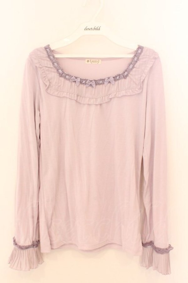 画像1: axes femme / シフォンストライプ3つリボンカットソー M ラベンダー O-26-02-10-016-AX-TO-OW-OS (1)