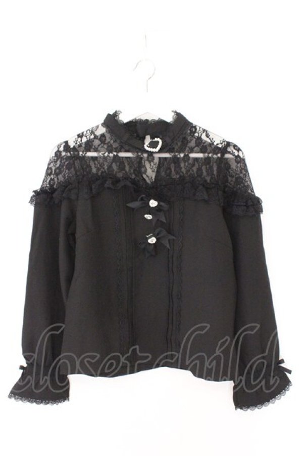 画像1: DearMyLove / ハートビジューリボンオフショル風レースブラウス M クロ O-26-02-12-1014-EL-BL-OW-OS (1)