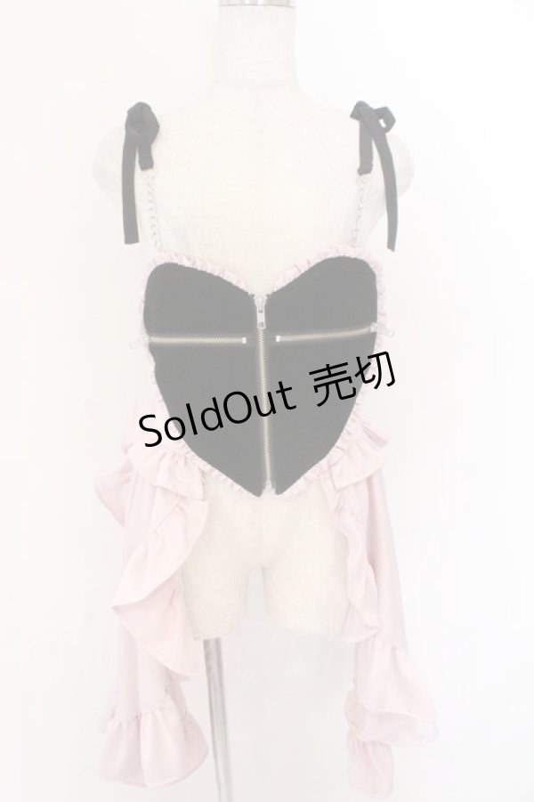 画像1: AVENCHUMU / Zip heart ＆ chain ruffle gilet　ジレ F ピンク×クロ O-26-02-12-1021-LO-TO-OW-OS (1)