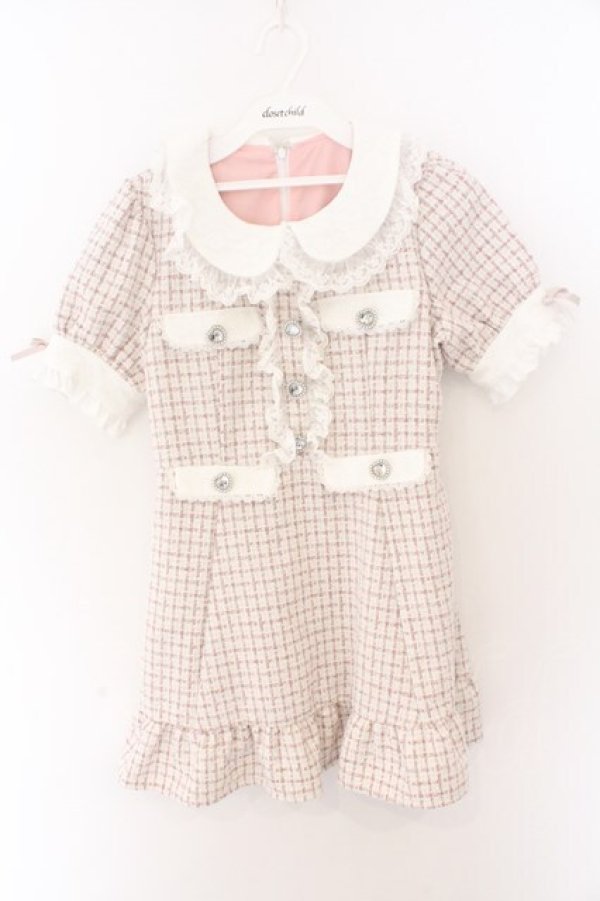 画像1: DearMyLove / ハートパールジャガードorツイードワンピース M/ミニ丈 ツイードピンク O-26-02-12-1003-EL-OP-OW-OS (1)