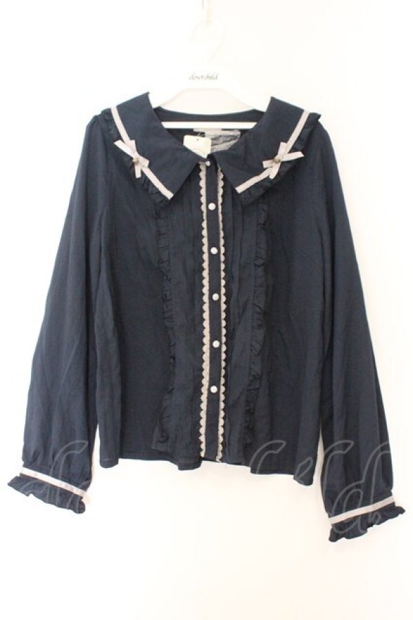 画像1: axes femme POETIQUE / 釦デザインフリルブラウス L ネイビー O-26-02-14-063-AX-TO-OW-OS (1)