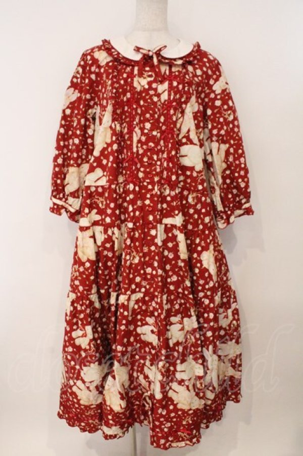 画像1: PINK HOUSE / バラ園うさぎミディワンピース  アカ O-26-02-16-036-LO-OP-OW-OS (1)