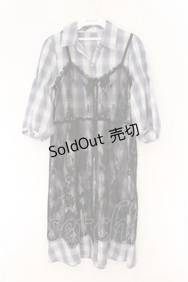 画像1: axes femme / レースジレ付シャツワンピース M ブルー×クロ O-26-02-17-028-AX-OP-IG-OS (1)