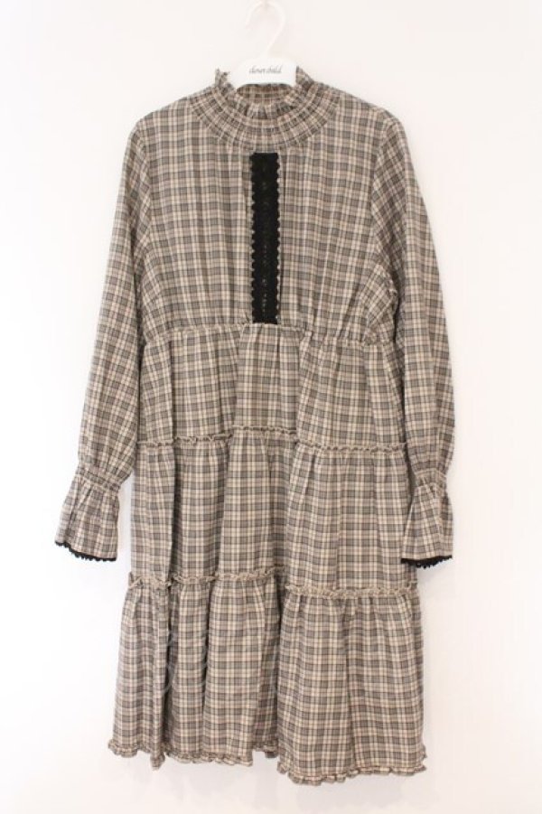 画像1: axes femme / ハイカラーチェックワンピース M ベージュ O-26-02-17-033-AX-OP-IG-OS (1)