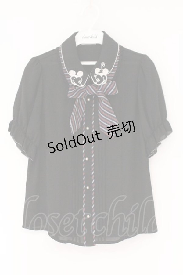 画像1: axes femme POETIQUE / ミッキー&ミニー刺繍襟半袖ブラウス M クロ×ネイビー O-26-02-17-026-AX-BL-IG-OS (1)