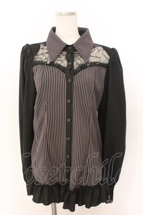 画像1: Qutie Frash / 限定クモメッシュパフブラウス M ストライプ（ブラック） O-26-02-18-045-QU-BL-OW-OS (1)