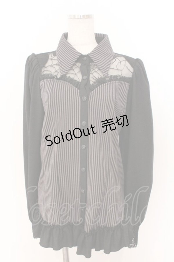 画像1: Qutie Frash / 限定クモメッシュパフブラウス M ストライプ（ブラック） O-26-02-18-045-QU-BL-OW-OS (1)