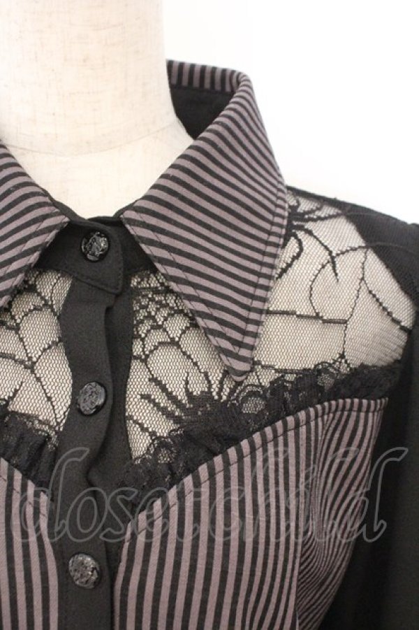 画像2: Qutie Frash / 限定クモメッシュパフブラウス M ストライプ（ブラック） O-26-02-18-045-QU-BL-OW-OS (2)