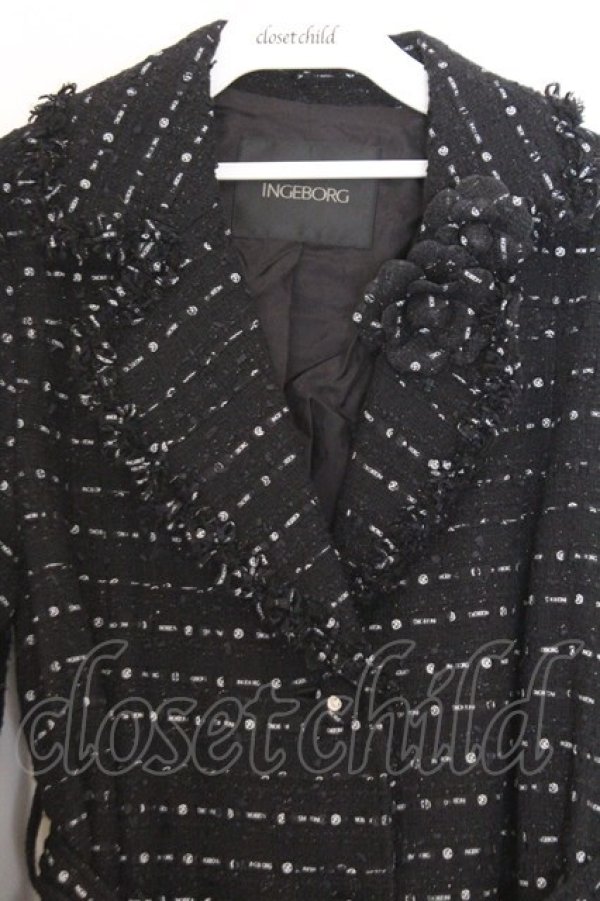 画像2: INGEBORG / ロゴpt.スリットツイードロングジャケット 3(9号) クロ O-26-02-18-1047-LO-CO-IG-OS (2)