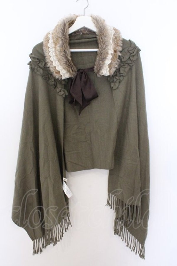 画像1: axes femme / ファーティペ付き大判ストール 60×200cm グリーン O-26-02-18-026-AX-TO-IG-OS (1)