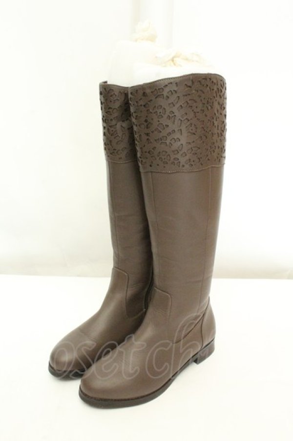 画像1: INGEBORG / カメリアくり抜きロングブーツ 22.5cm ブラウン O-26-02-19-051-LO-ZA-IG-OS (1)