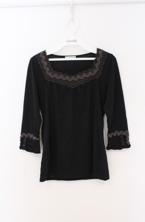 画像1: axes femme / フラワーレース配色7部袖カットソー M クロ O-26-02-24-1021-AX-TO-IG-OS (1)