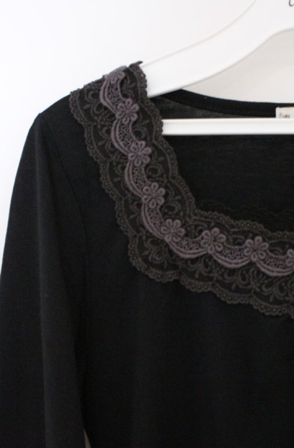 画像2: axes femme / フラワーレース配色7部袖カットソー M クロ O-26-02-24-1021-AX-TO-IG-OS (2)