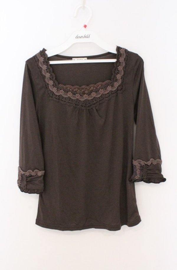 画像1: axes femme / フラワーレース配色7部袖カットソー M ブラウン O-26-02-24-1022-AX-TO-IG-OS (1)