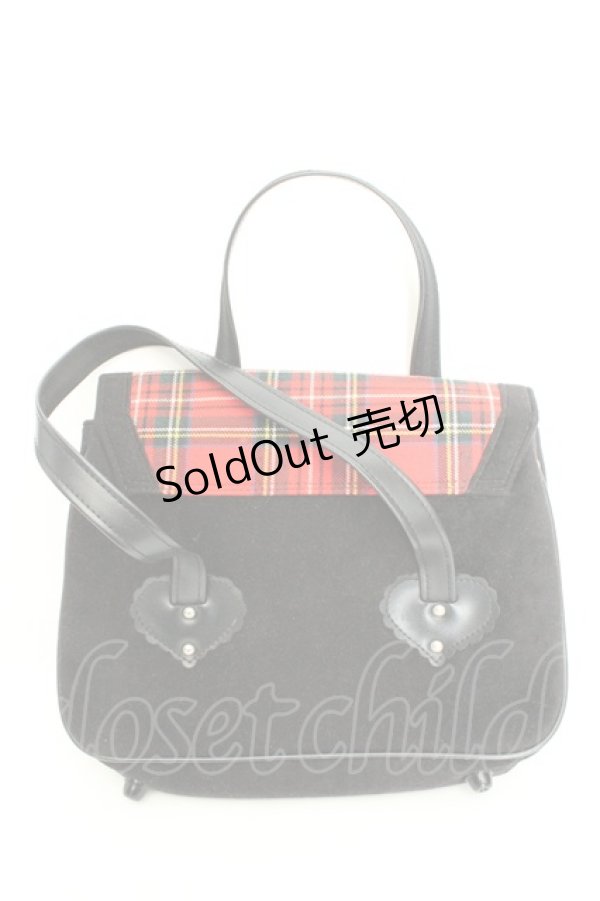 画像2: Heart E / タータン切り替えハンドバッグ  クロ×アカ O-26-02-24-2098-LO-BG-IG-OS (2)