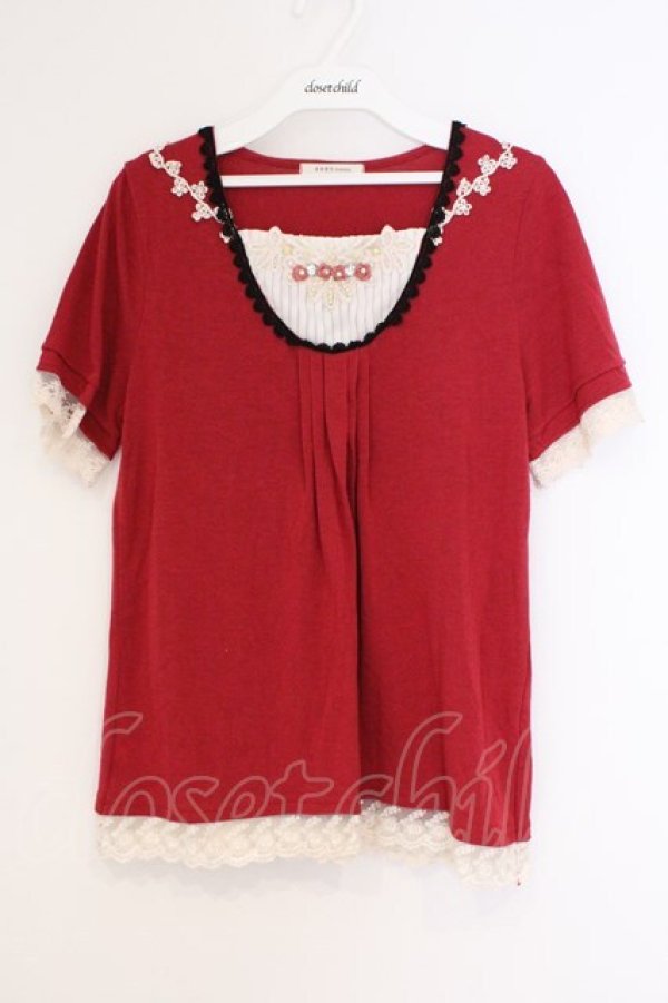 画像1: axes femme / 巻き薔薇付きタックデザインTシャツ M アカ O-26-02-26-008-AX-TO-IG-OS (1)