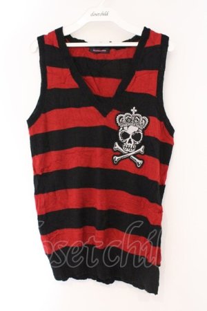 画像: ALGONQUINS / スカルワッペンボーダーノースリーブベスト  レッド×ブラック O-26-03-01-093-AL-TO-IG-OS