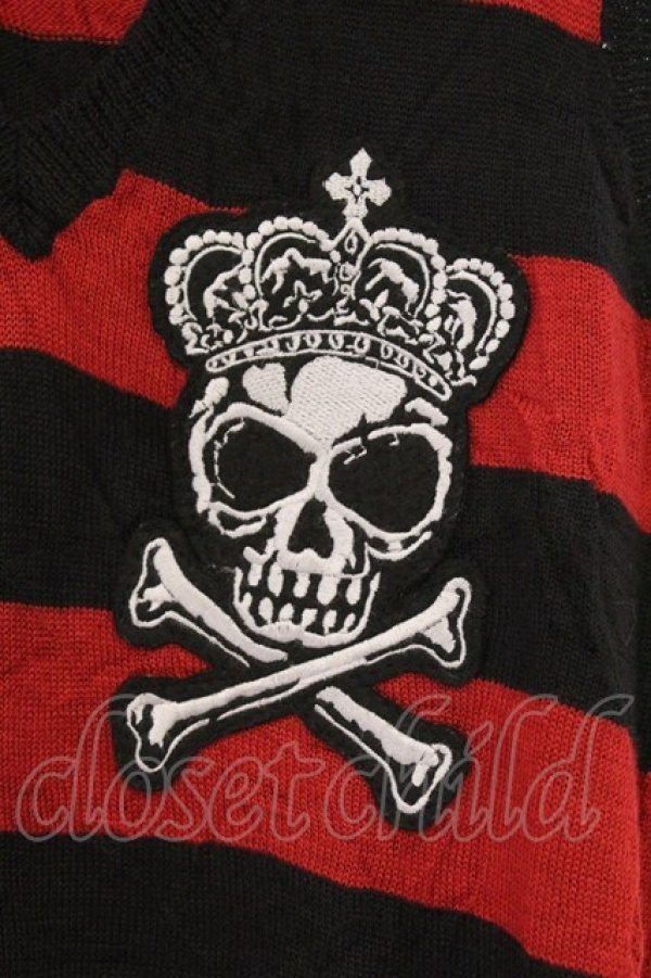 画像2: ALGONQUINS / スカルワッペンボーダーノースリーブベスト  レッド×ブラック O-26-03-01-093-AL-TO-IG-OS (2)