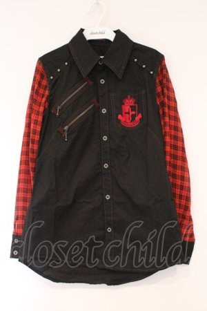 画像: ALGONQUINS / シフォンスリーブエンブレム刺繍ブラウス  ブラック×レッドチェック O-26-03-01-095-AL-BL-IG-OS