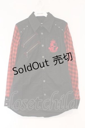 画像: ALGONQUINS / シフォンスリーブエンブレム刺繍ブラウス  ブラック×レッドチェック O-26-03-01-095-AL-BL-IG-OS